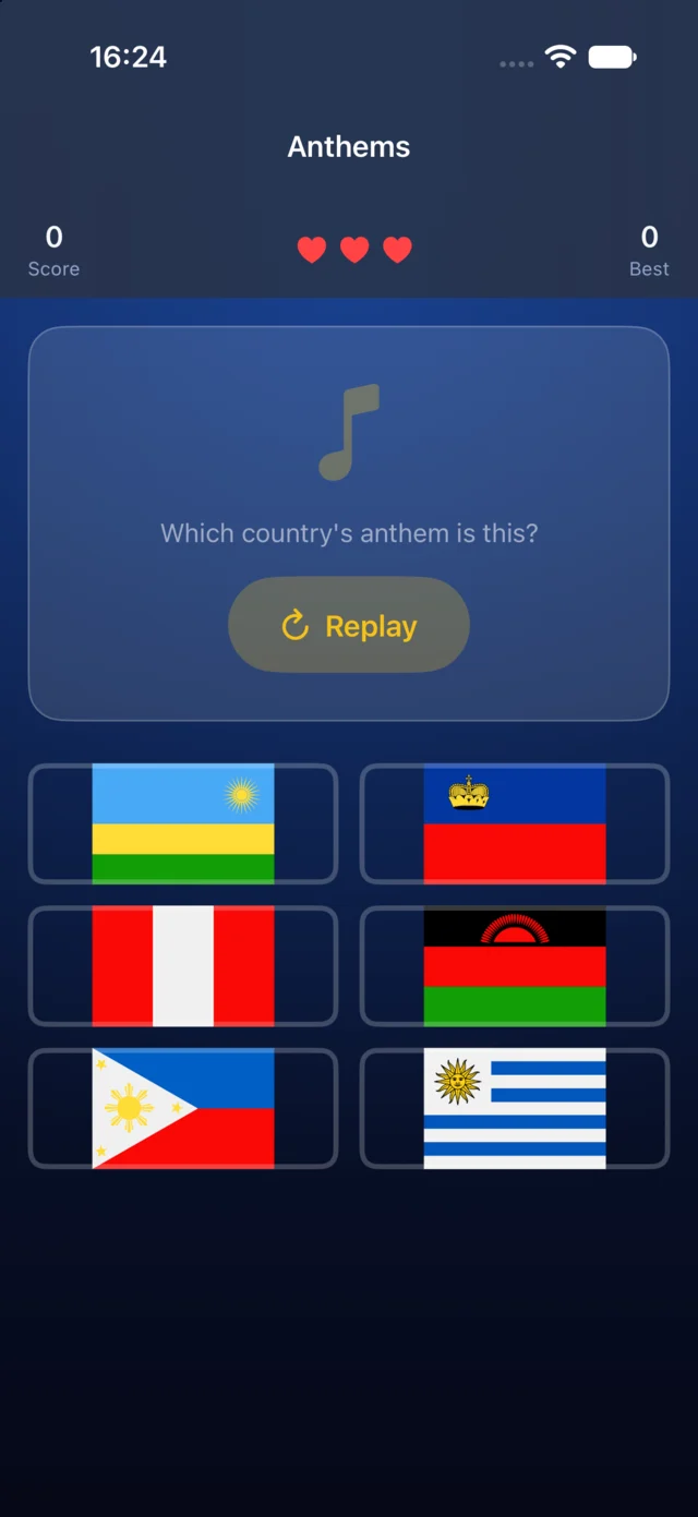 Anthems screen with a play button and a grid of flags