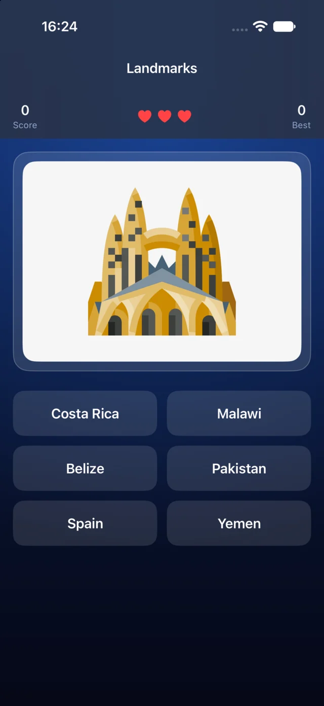 Landmarks screen showing a famous landmark illustration