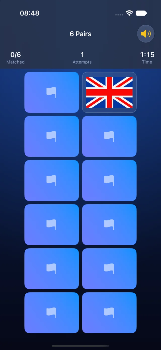 Memory Match screen showing a grid of flag cards with one revealed