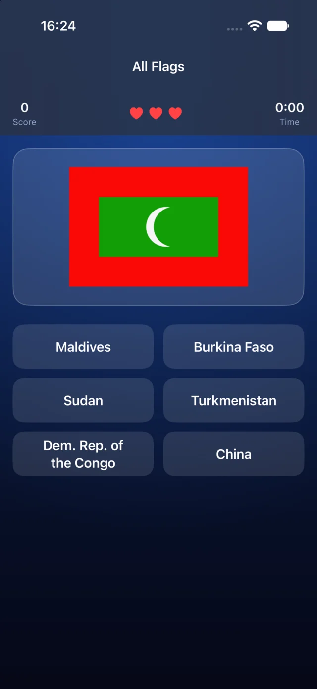 Flag Quiz screen showing a flag and six country choices